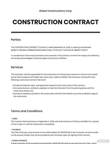 Construction Contract Templates Word Format Free Download