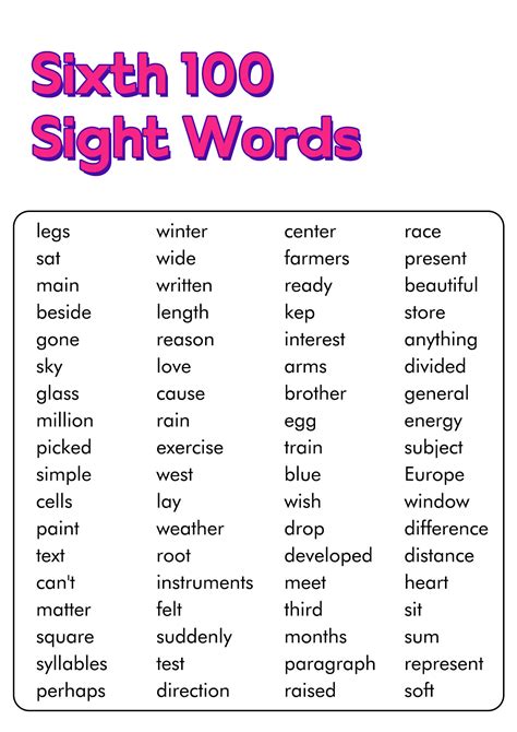 Sixth Grade Sight Words