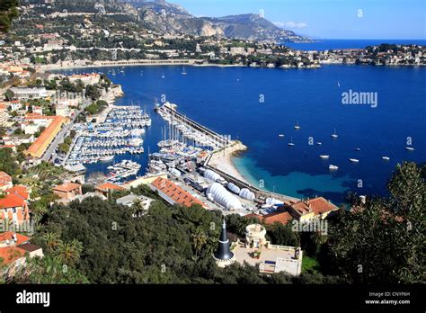 Aerial View Of Villefranche Sur Mer With The Harbor Of La Darse Stock