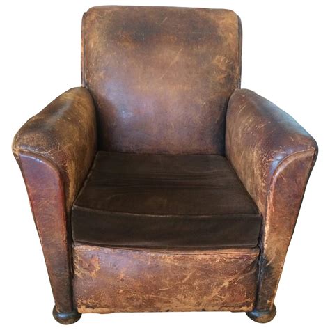 Yummy Distressed Leather And Velvet French Club Chair For Sale At 1stdibs