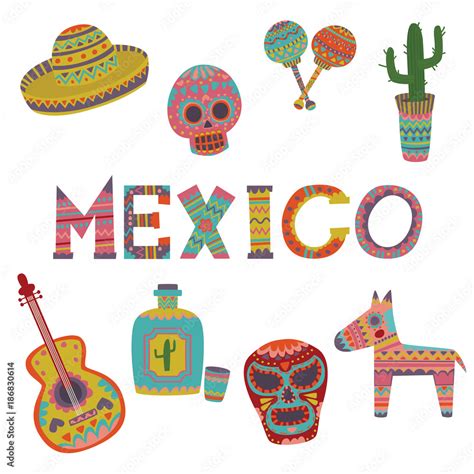 mexico set symbols of mexican culture cartoon vector illustrations stock vector adobe stock