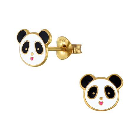 Panda Bear Stud Earrings K Gold Over Sterling Silver Etsy