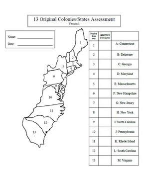 Growth of a nation, the revolution, map skills, first americans, exploration, local & state government, forming a the big ideas in fifth grade social studies include united states history and geography, specifically, the development of the american nation. 13 Colonies worksheet | Work | Pinterest | Assessment ...