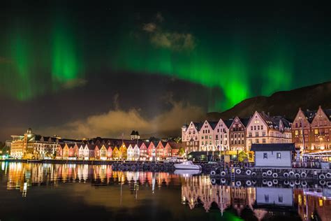 Aurora Borealis Over The Wharf In Bergen Norway Photographed On 14
