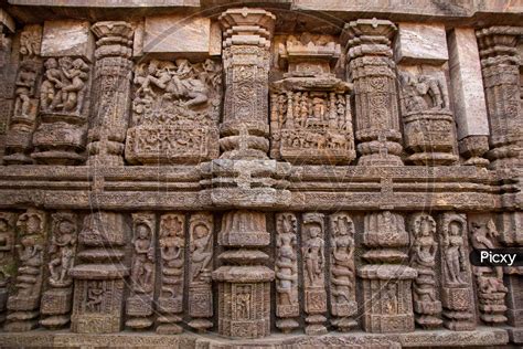 Image Of Stone Carvings On Ancient Hindu Temple Architecture At Konark