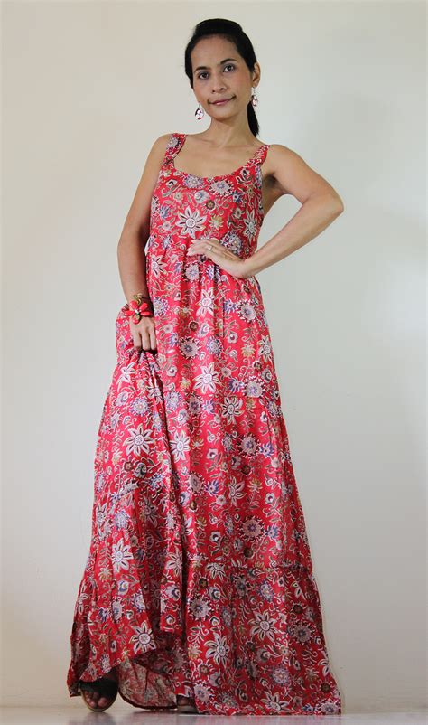 Red Maxi Dress Bohemian Sleeveless Flower Print Long Dress Hippie
