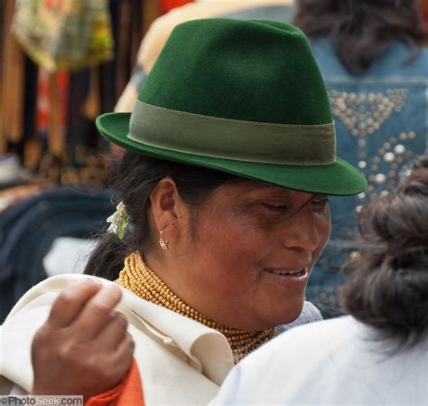 Woman With Green Felt Hat Gold Necklace Otavalo Ecuador South