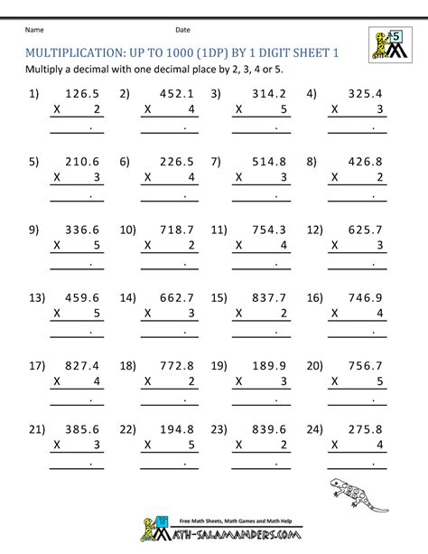 Decimal multiplication worksheets — mental math. practice math worksheets multiplication 4 digits decimals ...