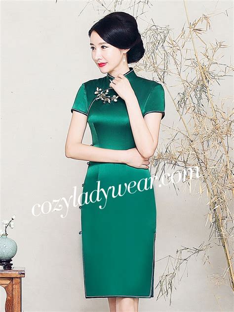 Forest Green Silk Midi Qipao Cheongsam Dress Cozyladywear