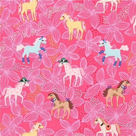 Hot Pink Cute Flower Colorful Horse Pony Michael Miller Fabric Pretty