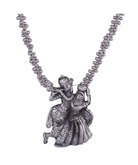 Radha Krishna Silver Oxidized Pendant Long Necklace Set Steorra