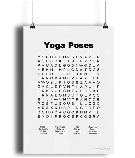 Yoga Poses Word Search Yoga Poster Yoga Print Yoga Wall Etsy