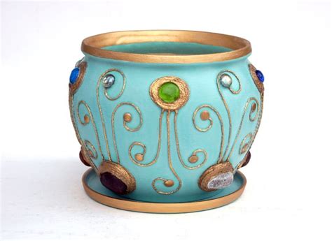 Large Hand Painted Ceramic Plant Pot Indoor Turquoise Flower Pot With