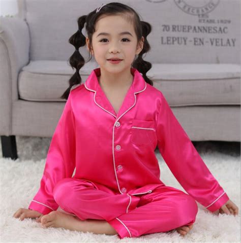 Girls Silk Satin Pajamas Pyjamas Kid Children Loungewear Sleepwear Set