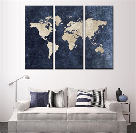 3 Pieces Multi Panel Modern Home Decor Framed Blue World Map Wall