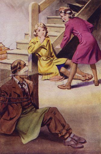 a man bound gagged and sitting on the floor while two girls … stock image look and learn