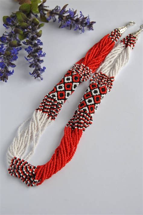 Beaded Ukrainian Necklace Red Ethnic Necklace Red White Seed Etsy