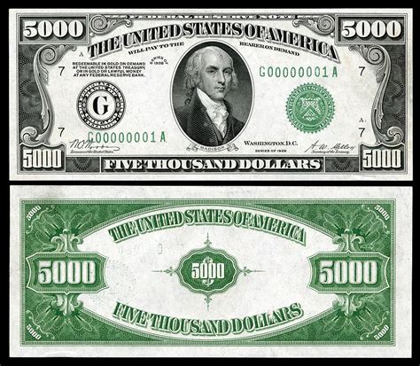 5000 Federal Reserve Note Series 1928 Fr2220g Depicting James