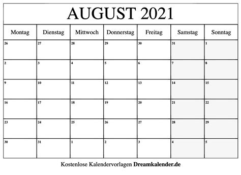 Kalender monate 2021 mit kalenderwochen und feiertagen als ✓ pdf, excel und bild datei kostenlos zum download und ausdrucken. Kalender August 2021