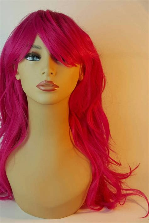 long pink wavy layered wig long pink wig hot pink wig wig etsy