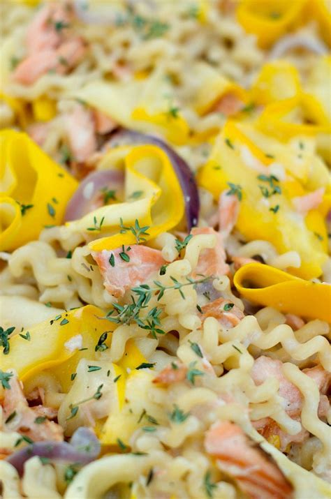 Squash Ribbon Pasta With Salmon Herb Cream Sauce