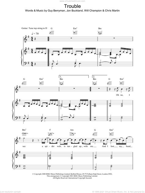Coldplay Trouble Sheet Music For Voice Piano Or Guitar Pdf