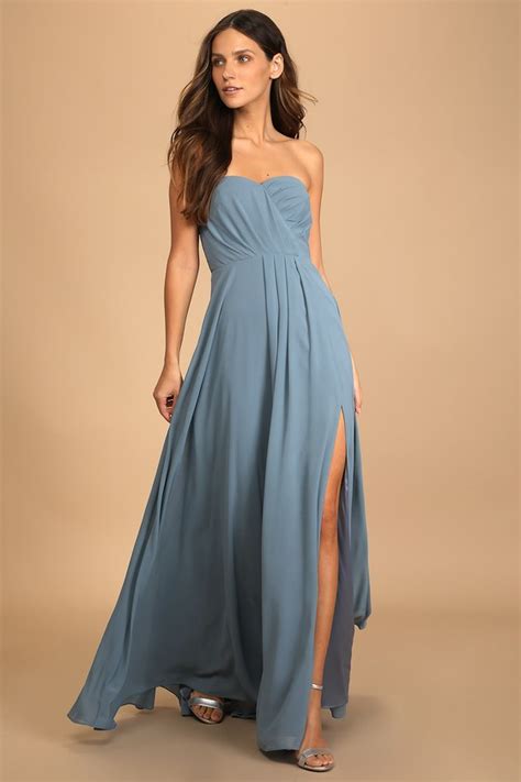 Slate Blue Dress Strapless Dress Maxi Dress Chiffon Dress Lulus