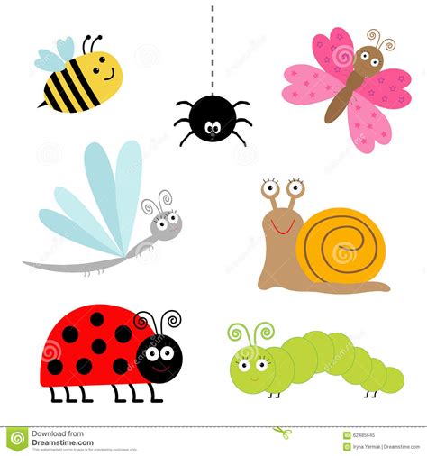 Cute Cartoon Insect Set Ladybug Dragonfly Butterfly Caterpillar