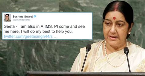 sushma swaraj is still responding to tweets for help while being admitted at aiims
