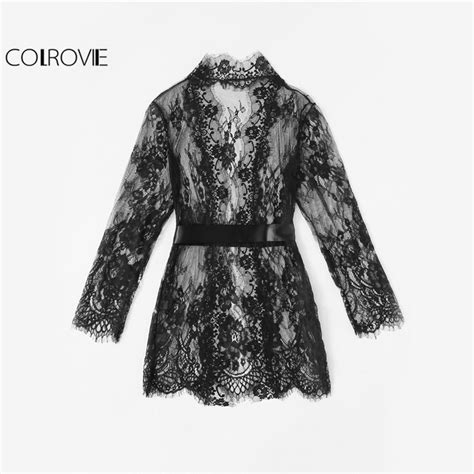 מוצר colrovie floral lace black sheer robe women self tie waist vintage sexy long sleeve robes