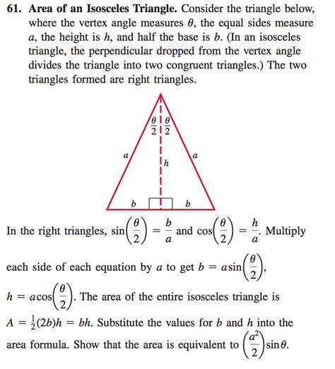 Formulas for calculating area of an isosceles triangle if given sides or height and base. Solved: 61. Area Of An Isosceles Triangle. Consider The Tr ...