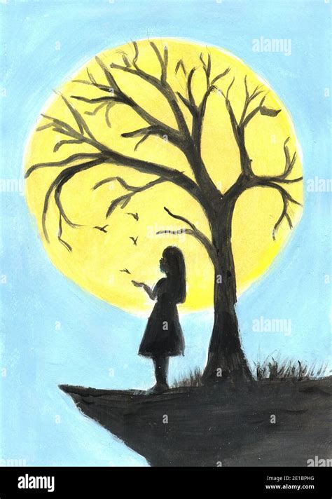 Niña Solitaria Al Anochecer Por árbol Ilustración Del Paisaje Chica
