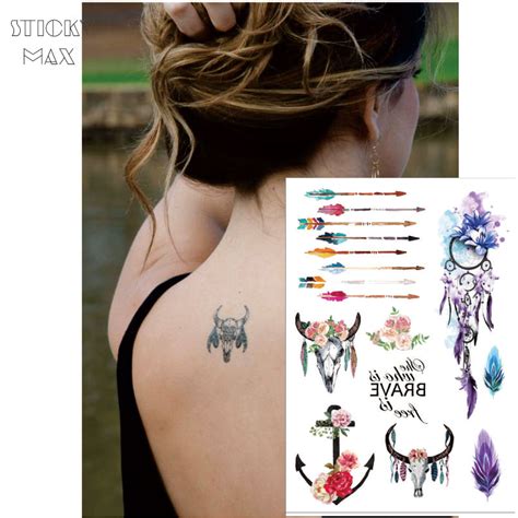 W12 1 Piece Flower Crown Boho Chic Cow Head Temporary Tattoo With Anchor Colorful Arrow Dream