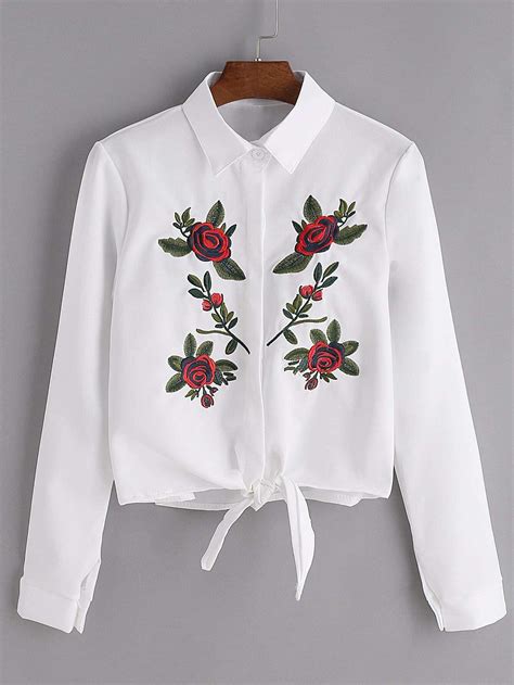 Use a pattern to transfer the image of a flower this style of embroidery features fine, delicate details spread evenly on a piece of fabric. White Flower Embroidered Tie Front Shirt | ROMWE