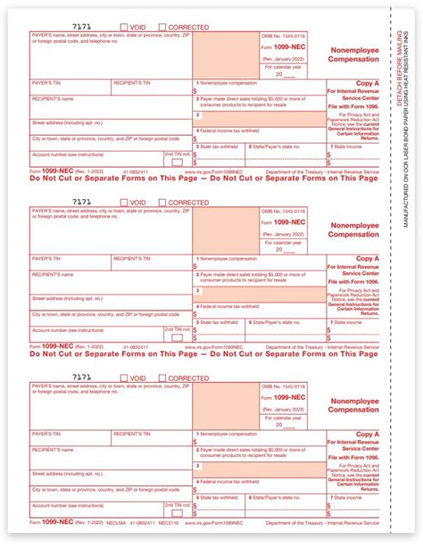 1099nec Tax Form Copy A For Non Employee Compensation Zbp Forms