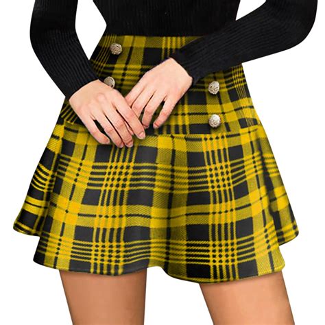 Xiuh Women Plaid Print Mini Skirt High Waist Button Skirt A Line Short