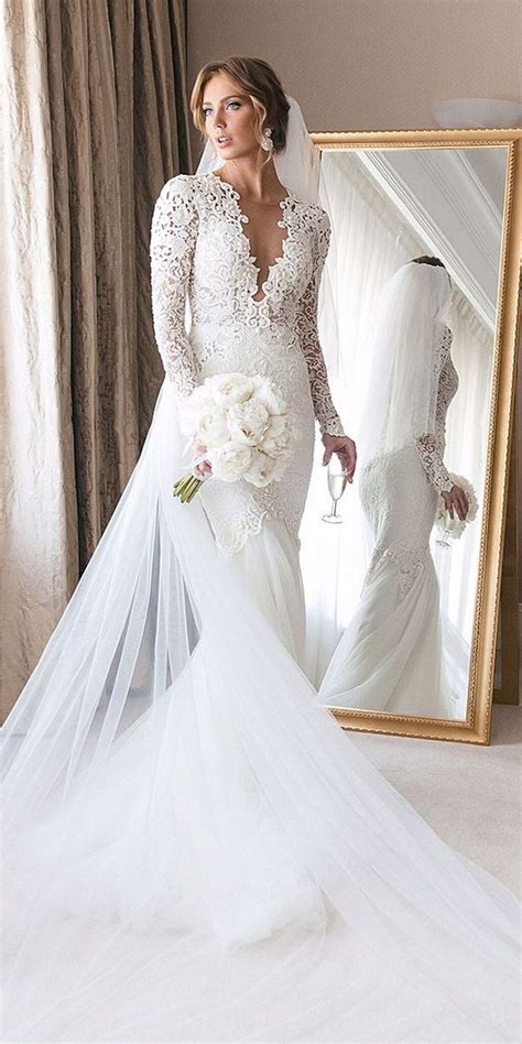 A dramatic wedding dress with wow factor. Mermaid Sheer Long Sleeve Lace Wedding Dresses Sheer ...