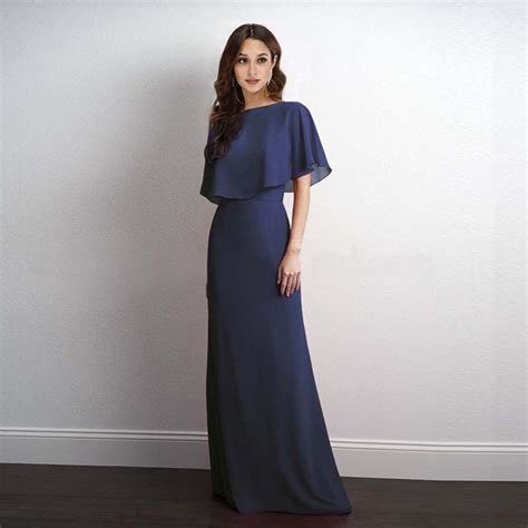 Navy Blue Cape Sleeve Chiffon Bridesmaid Wedding Guest Long Maxi Dress