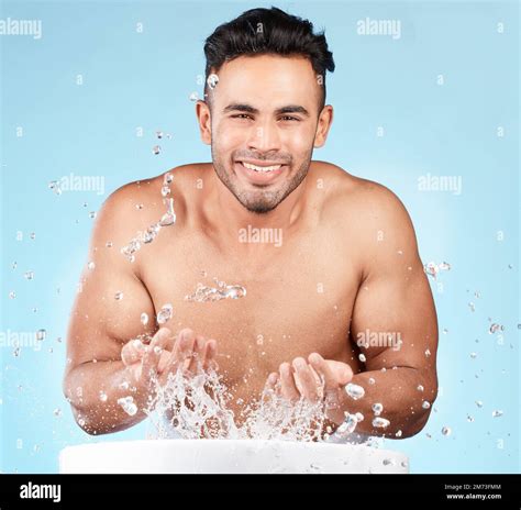 Cleaning Water Splash And Portrait Of Man Happy With Self Care Routine Facial Hygiene And Body