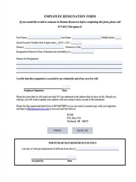 Printable Employee Resignation Form Printable Forms Free Online