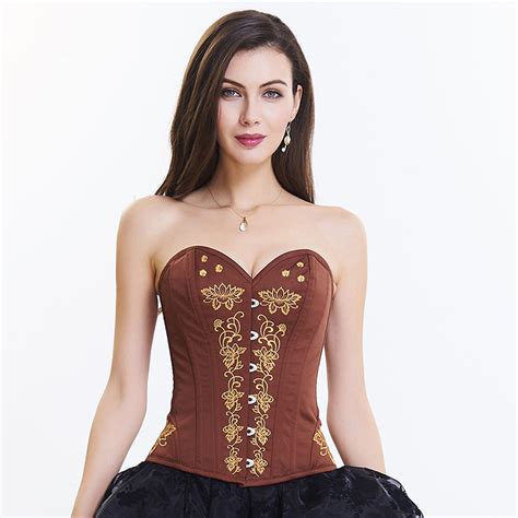 Womens Brown Classcial Vintage Floral Embroidery Steel Boned Overbust Corset N14950