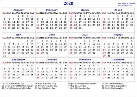 Calendar 2020 for the united states of america in pdf vector format. 2020 Calendar - printable Calendar. 2020 Calendar in ...