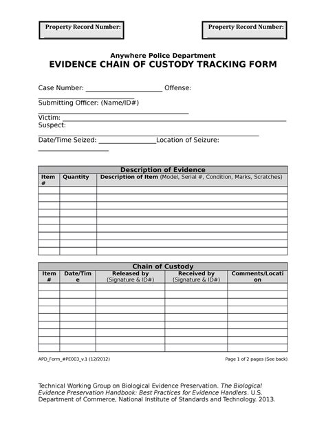 Sample Chain Of Custody Form Anywhere Police Department EVIDENCE CHAIN OF CUSTODY TRACKING