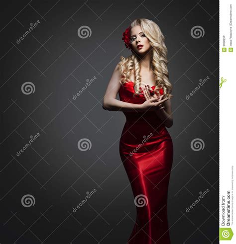 Elegant Lady Dress Fashion Model In Red Gown Beautiful Woman Stock