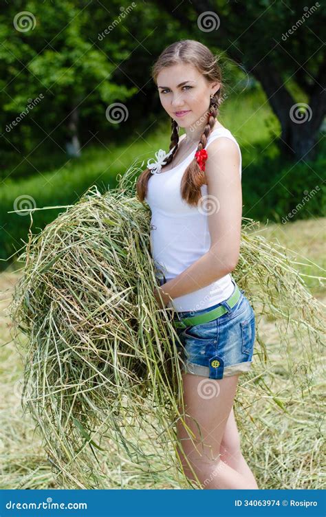 Young Beautiful Woman On Farm In Summer Day Stock Photo Image Of Girl