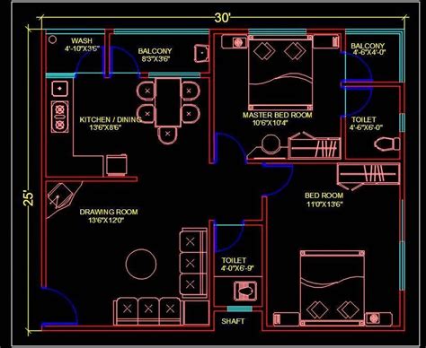 30x25 2 Bhk Apartment House Plan Autocad 2d Drawing Plan N Design