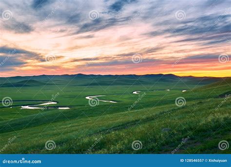 The Summer Grassland And Sunset Glow Stock Image Image Of Clouds Beauty 128546557