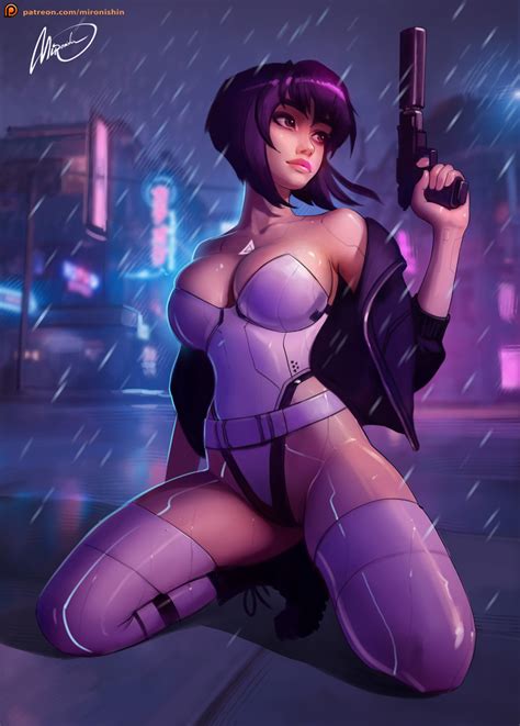 rule 34 bare shoulders cleavage clothed clothing cyberpunk cyborg female firearm ghost in the