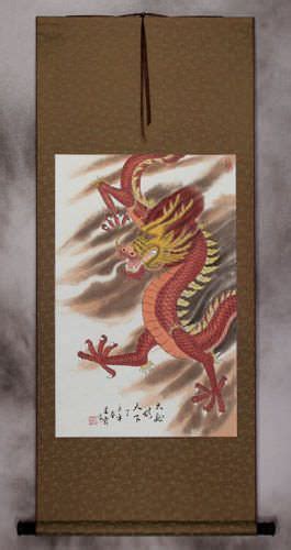 Chinese Red Dragon Silk Wall Scroll Tigers And Dragons Paintings And