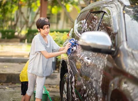 Kids Help To Wash Car At Home Stock Image Image Of Soap Auto 265478035